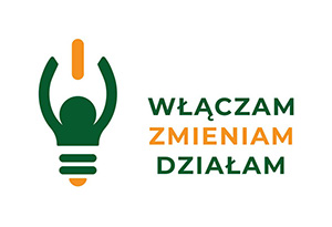 Logo - powrót do strony głównej. Logo przedstawia zieloną sylwetkę człowieka wpisaną w kształt żarówki z pomarańczowym włącznikiem u góry. Obok znajduje się napis: Włączam. Zmieniam. Działam.